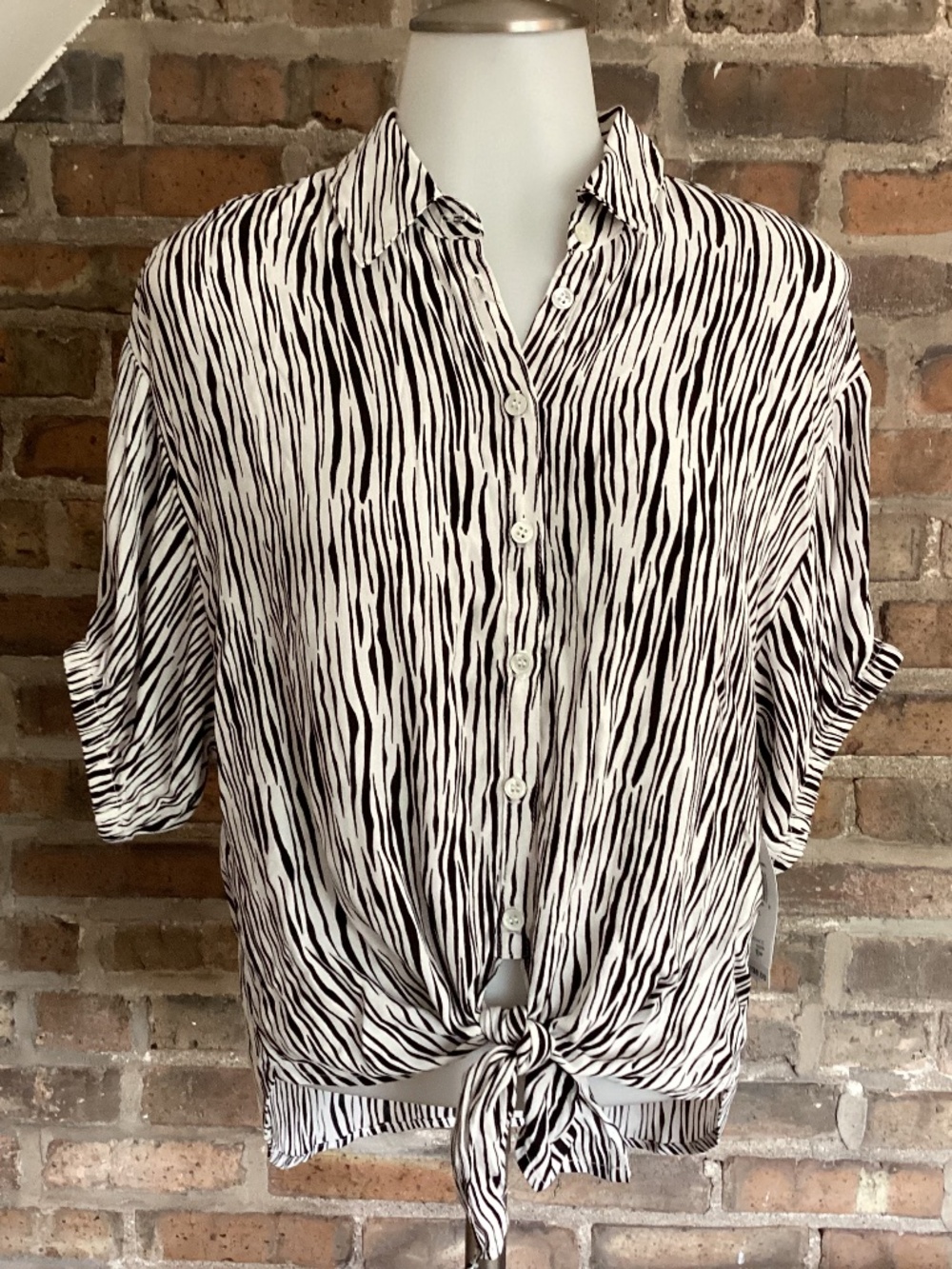 Three dots black and white print button down front shirt.  Size Small.  NWT